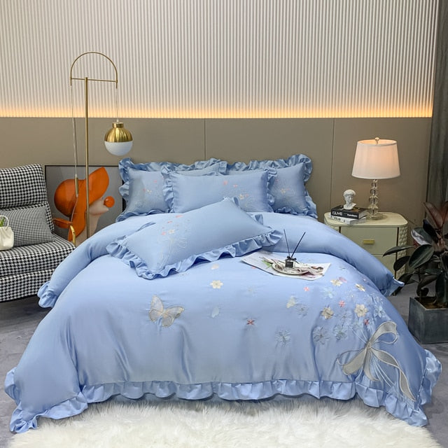 Luxury Butterfly Princess Chic Flowers Embroidery Ruffles Duvet Cover, Cotton 600TC Bedding Set