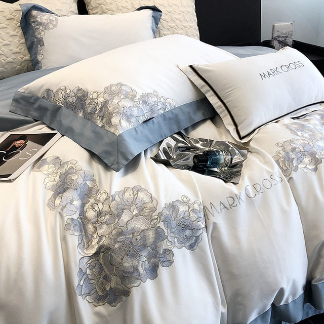 Luxury Blue White Elegant Flowers Embroidered Patchwork Duvet Cover, Egyptian Cotton 1000TC Bedding Set