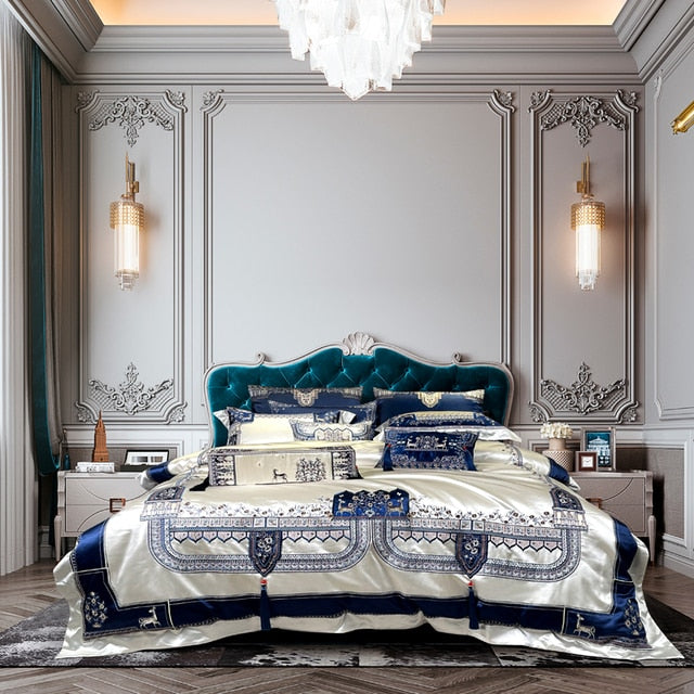 Luxury Blue White Baroque Deer Satin Jacquard Silky Duvet Cover, Egyptian Cotton 1000TC Bedding Set