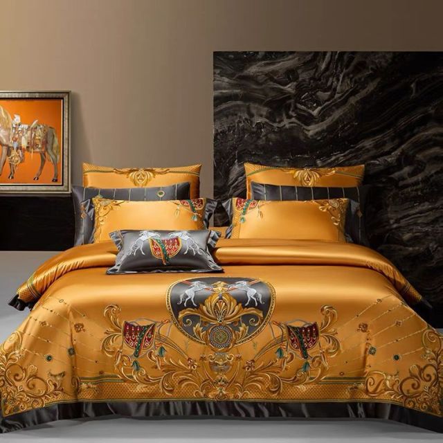 Luxury Red Gold European Horse Jacquard Embroidered Wedding Duvet Cover Set, 1200TC Egyptian Cotton Bedding Set