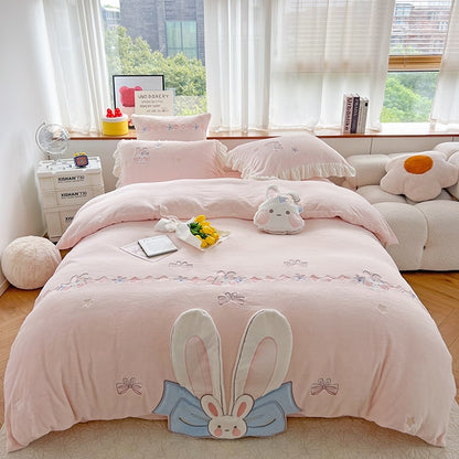 Premium Cartoon Big Ears Rabbits Kids Girls Short Plush Duvet Cover, Soft Milk Velvet Bedding Set