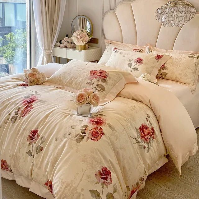 French Vintage Rose Pattern Print Egyptian Cotton 1000TC Silky Duvet Cover Bedding Set