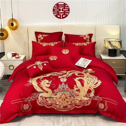 Luxury Red Dragon Tail Peacock Phoenix Wedding Duvet Cover Set, Polyester Bedding Set