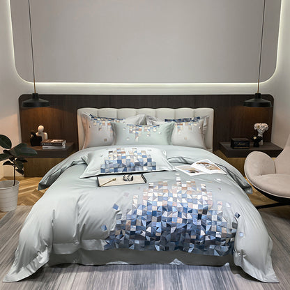 Luxury Silver Blue Beautiful Modern Tiles Embroidered Duvet Cover Set, 1000TC Egyptian Cotton Bedding Set