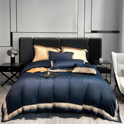 Luxury Navy Blue Burgundy Embroidered Hotel Grade Duvet Cover Set, 1000TC Egyptian Cotton Bedding Set