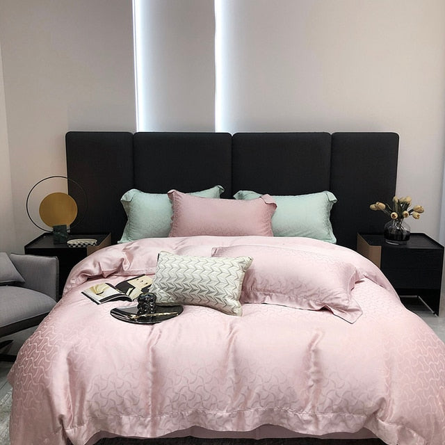 Premium White Pink Natural Jacquard Family Duvet Cover Set, Bamboo Fiber 600TC Bedding Set