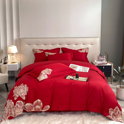 Luxury Red White Flowers Nature Embroidery Duvet Cover Set, 600TC Egyptian Cotton Bedding Set