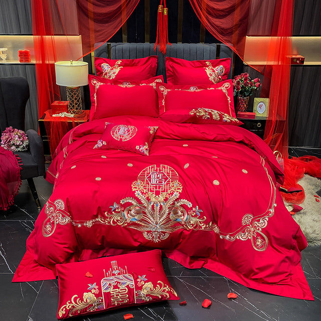 Luxury Red Peacock Elegant Phoenix Embroidered Wedding Duvet Cover Set, 600TC Egyptian Cotton Bedding Set