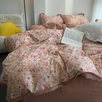 Thumbnail for Rose Vintage French Print Flower Duvet Cover Set, Washed Cotton Bedding Set