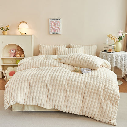 Beige Pink White Luxury Velvet Fleece Plush Fluffy Soft Duvet Cover Set Bedding Set