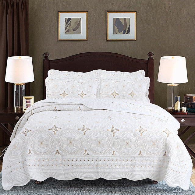 White Gold Royal European Cotton Luxury Quilted Bedspread Bohemian Coverlet Bedding Set