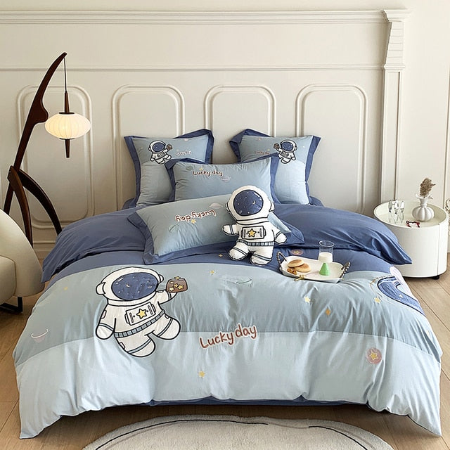 Blue Cartoon Astronaut Lucky Embroidered Boys Duvet Cover, Washed Cotton Bedding Set