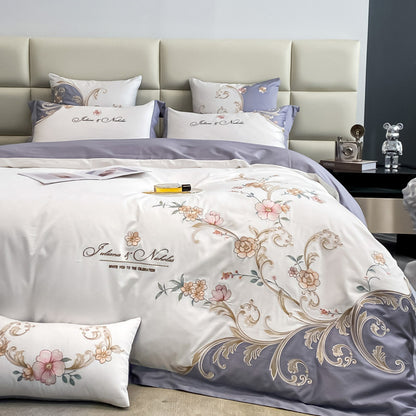 Luxury White Purple Baroque Soft Satin Silky Chic Flowers Wedding Duvet Cover Set, 600TC Egyptian Cotton Bedding Set