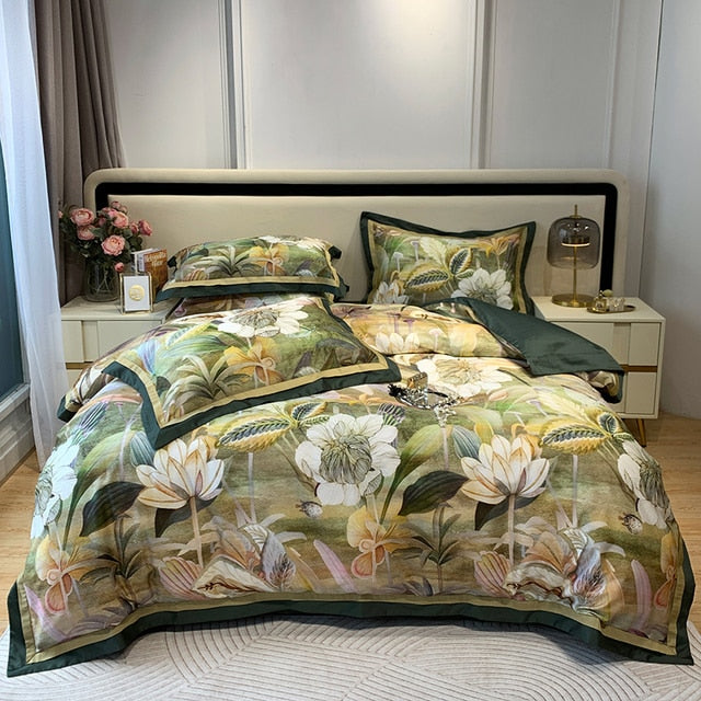 Nature Vintage Oil Painting Flowers Luxury Silky Duvet Cover, Egyptian Cotton 1000TC Bedding Set