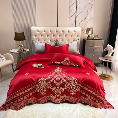 White Red Gold Bohemian Embroidered Smooth Duvet Cover Set, Washed Silk Bedding Set