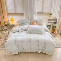 Thumbnail for Chic Blue Pink Flowers Embroidered Princess Velvet Fleece Duvet Cover Bedding Set