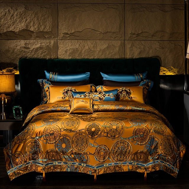 Luxury Vintage Silk European Gold Brown Baroque Duvet Cover Set, Egyptian Cotton 1200TC Bedding Set