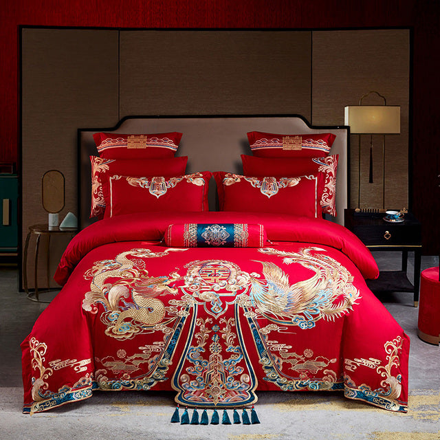 Red Gold Cloud Dragon Phoenix Wealth Wedding Tassel Duvet Cover Set, 1200TC Egyptian Cotton Bedding Set