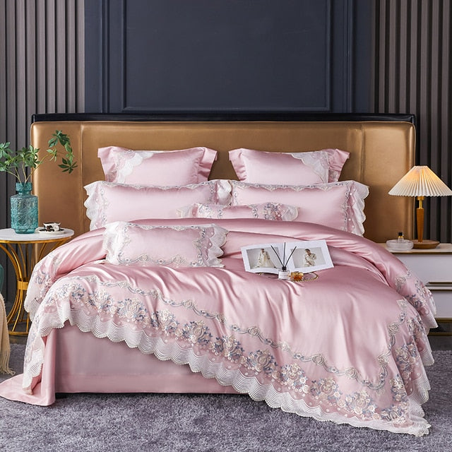 Champagne Pink French Luxury Wedding Lace Silky Duvet Cover Set, Egyptian Cotton 1200TC Bedding Set