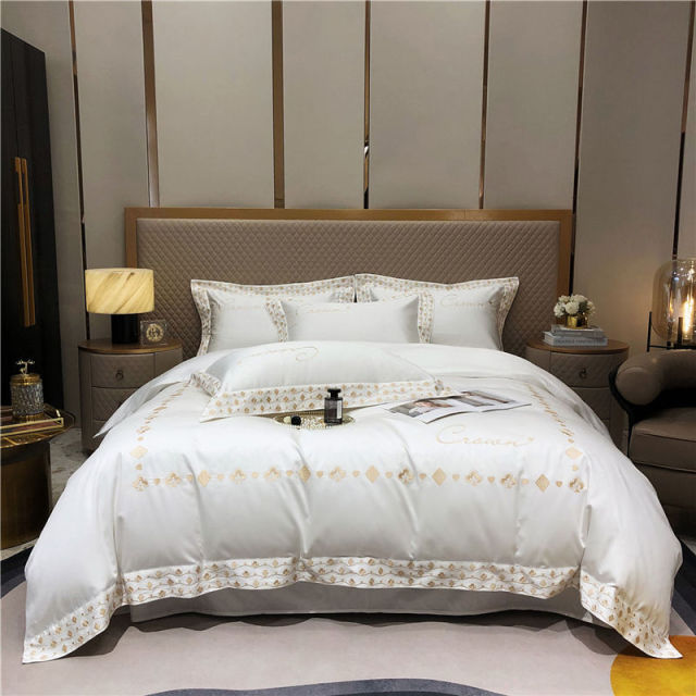 Luxury Grey Gold Europe Embroidered Wedding Hotel Grade Duvet Cover Set, 1000TC Egyptian Cotton Bedding Set