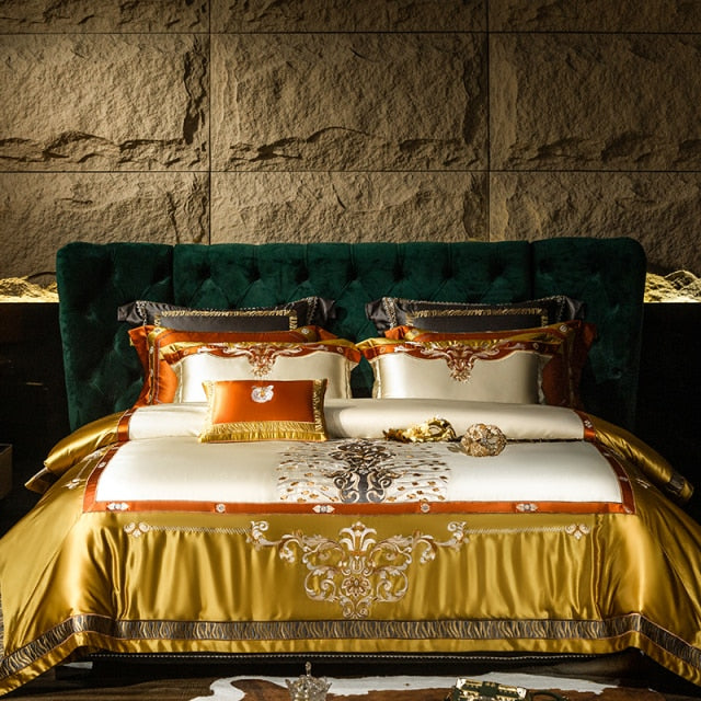 Luxury Gold Blue Baroque Europe Silk Embroidered Duvet Cover Set, 1200TC Egyptian Cotton Bedding Set