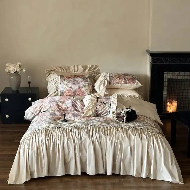 Vintage Romantic Flower Egyptian Cotton 1000TC Oil Painting Ruffles Bedding Set