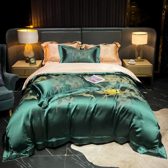 Green Emerald Luxury Europe Satin Jacquard Duvet Cover Set, 1000TC Egyptian Cotton Bedding Set