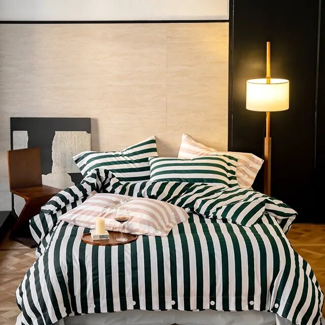 White Green American Vintage Long Stripe Cotton Brushed Duvet Cover Bedding Set