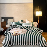 Thumbnail for White Green American Vintage Long Stripe Cotton Brushed Duvet Cover Bedding Set