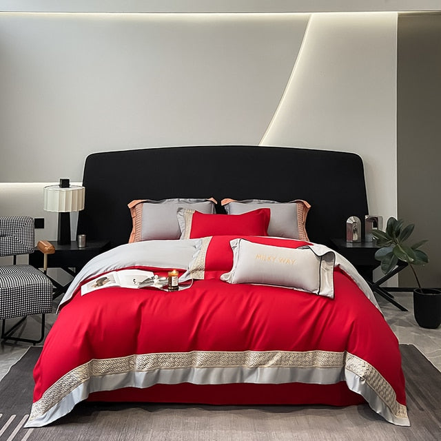 Red Gold Luxury Europe Embroidery Duvet Cover, 100% Cotton Bedding Set