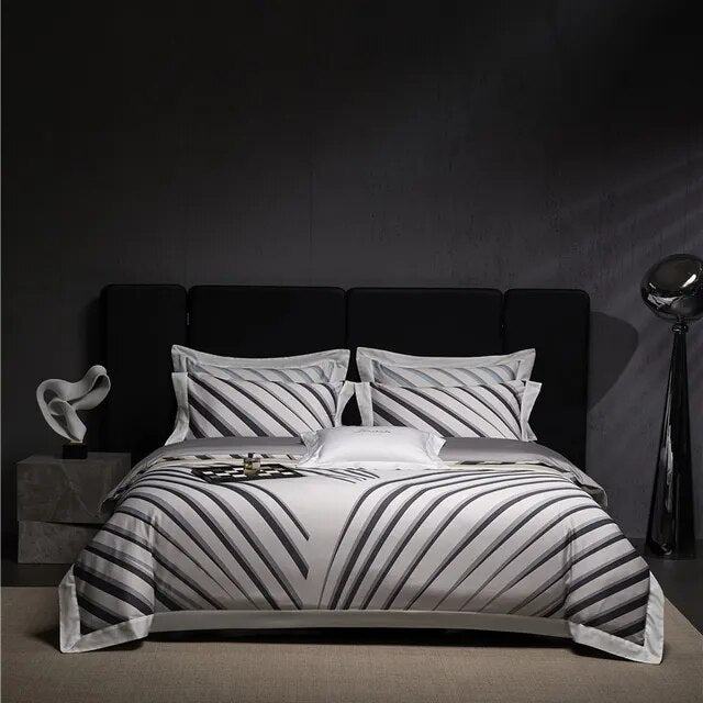 Luxury Grey Modern Black Stripe Duvet Cover Set, 1000TC Egyptian Cotton Bedding Set