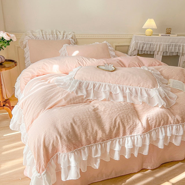 Classic European White Pink Princess Washed Cotton Child Duvet Cover Bedding Set