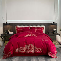 Thumbnail for Luxury Pink Red Wave American Embroidered Duvet Cover Set, 1000TC Pima Cotton Bedding Set