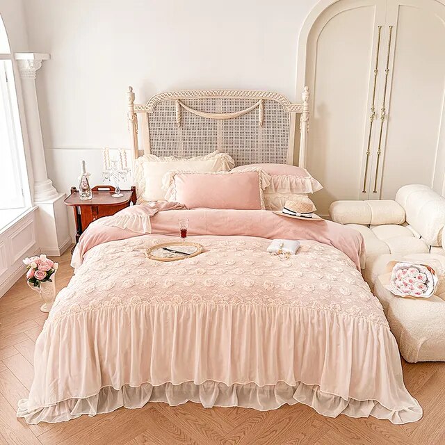 Pink White Rose Lace Ruffles French Wedding Velvet Fleece Duvet Cover Bedding Set