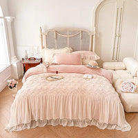 Thumbnail for Pink White Rose Lace Ruffles French Wedding Velvet Fleece Duvet Cover Bedding Set