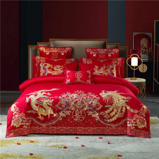 Luxury Red Gold Phoenix Europe Wedding Duvet Cover Set, Egyptian Cotton 1000TC Bedding Set