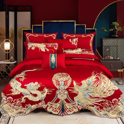 Gold Red Dragon Phoenix Wedding Egyptian Cotton 1200 Thread Count Embroidery Duvet Cover Bedding Set