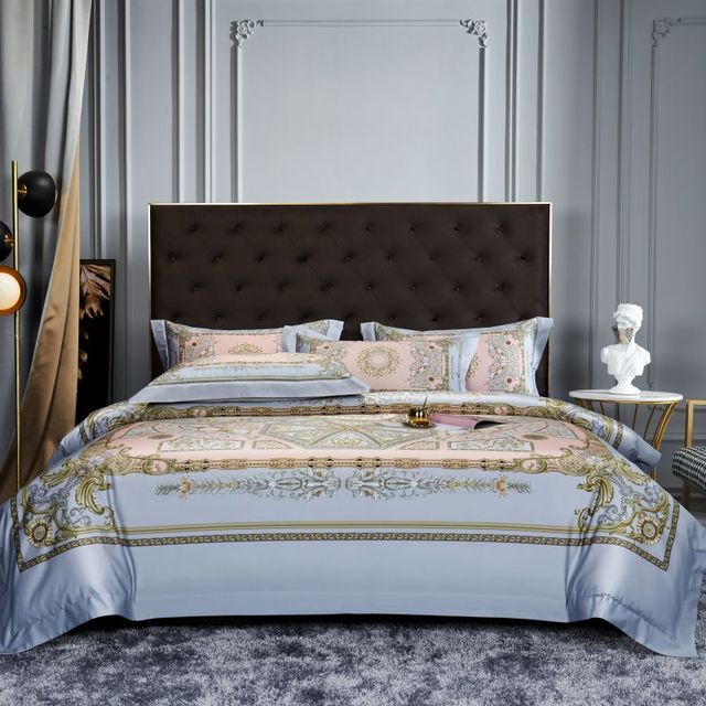 Luxury Brown Blue Baroque European Palace Silky Boho Duvet Cover Set, 1000TC Egyptian Cotton Bedding Set