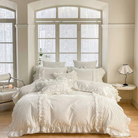 Thumbnail for White Korean Princess Ruffles Duvet Cover Set, 600TC Washed Cotton Bedding Set