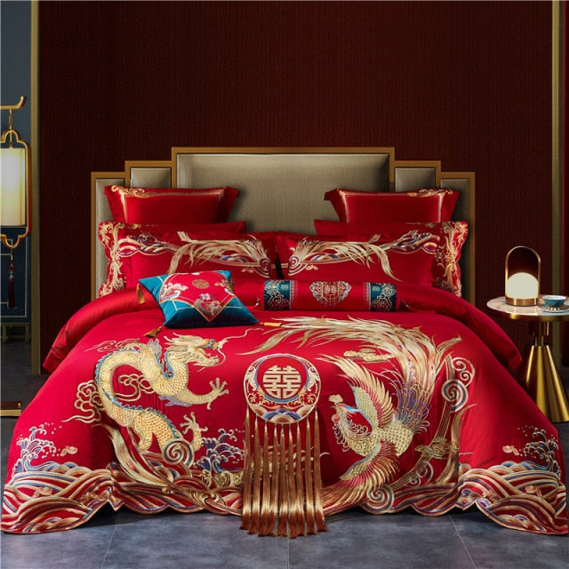 Luxury Gold Red Dragon Phoenix Jacquard Wedding Tassel Duvet Cover Set, 1000TC Egyptian Cotton Bedding Set