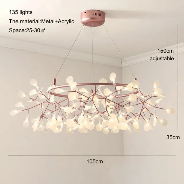 Rose Gold Nordic Chandelier Art Lighting Hanging living Room Restaurant Kitchen Firefly Lamp Branch Round