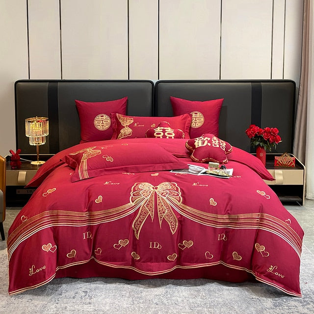 Red Gold Love Ribbon Wedding Embroidered Duvet Cover Set, Egyptian Cotton Bedding Set