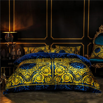 White Gold European Luxury Baroque Thick Duvet Cover Set, Velvet Fleece Fabric Bedding Set