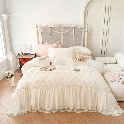Pink White Rose Lace Ruffles French Wedding Velvet Fleece Duvet Cover Bedding Set