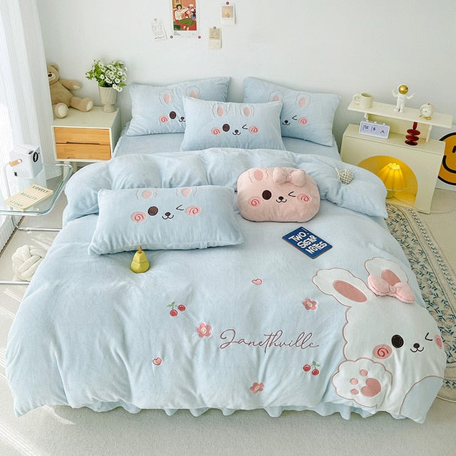 Pink Rabbit Animal Embroidery Kid Duvet Cover, Velvet Fleece Bedding Set