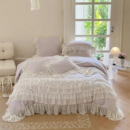 Pink Brushed Romantic French Wedding Ruffles Duvet Cover Set, 1000TC Egyptian Cotton Bedding Set