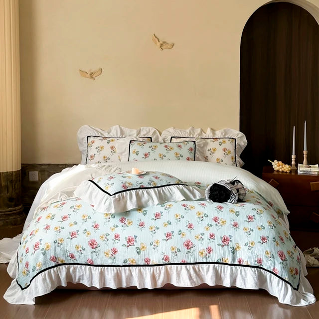 French Vintage Flowers European 100% Cotton Duvet Cover Bedding Set