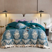 Thumbnail for Premium Big Flowers Lace Edge Princess Wedding Silky Duvet Cover Set,1200TC Egyptian Cotton Bedding Set