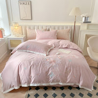 Thumbnail for Pink Green Beauty Butterfly Feather Embroidery Duvet Cover, Egyptian Cotton 1200TC Bedding Set