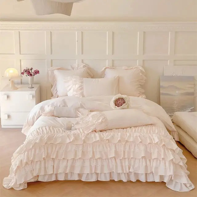 Romantic Europe Princess Cotton Pleat Ruffles Wedding Girl Bedding Set